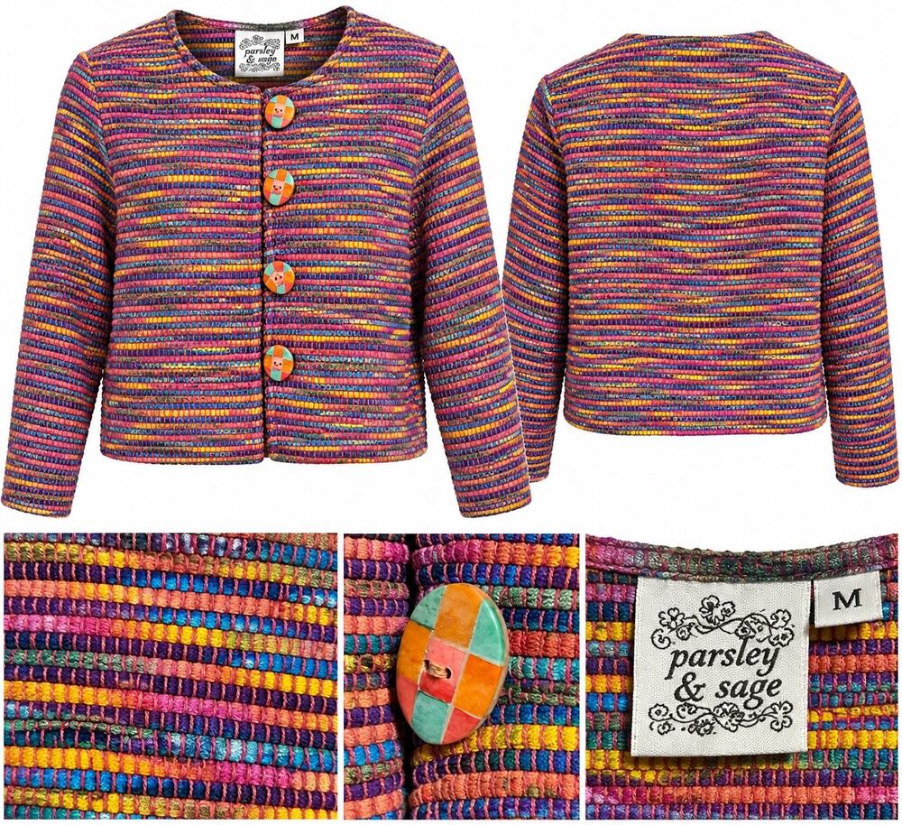Parsley & Sage Women’s Multicolor Woven Jacket Art to Wear Boho Button Front